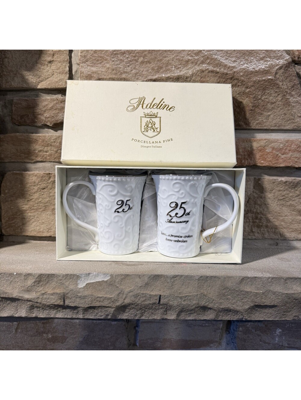 Adeline Porcellana Fine 25th Anniversary Coffee Mug Set 2 White Scroll Italia